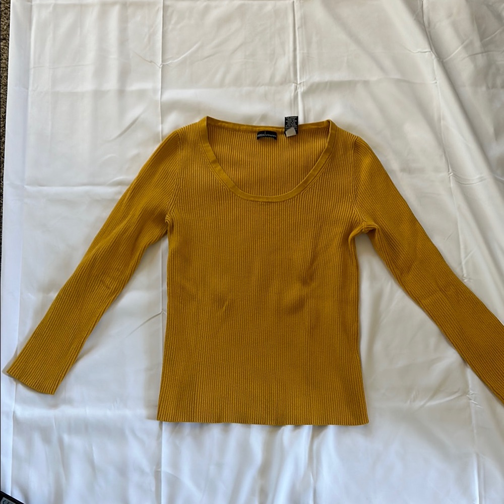 Yellow Ribbed Long Sleeve Scope Neck Top